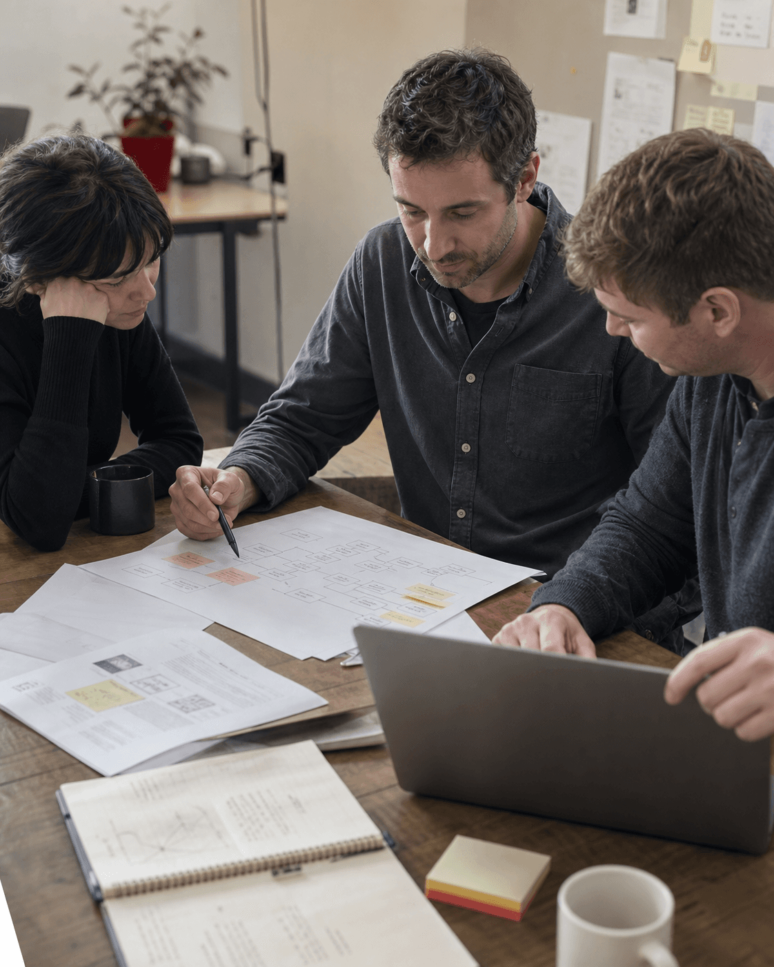 An operations team mapping workflow steps, exceptions, and system handoffs.
