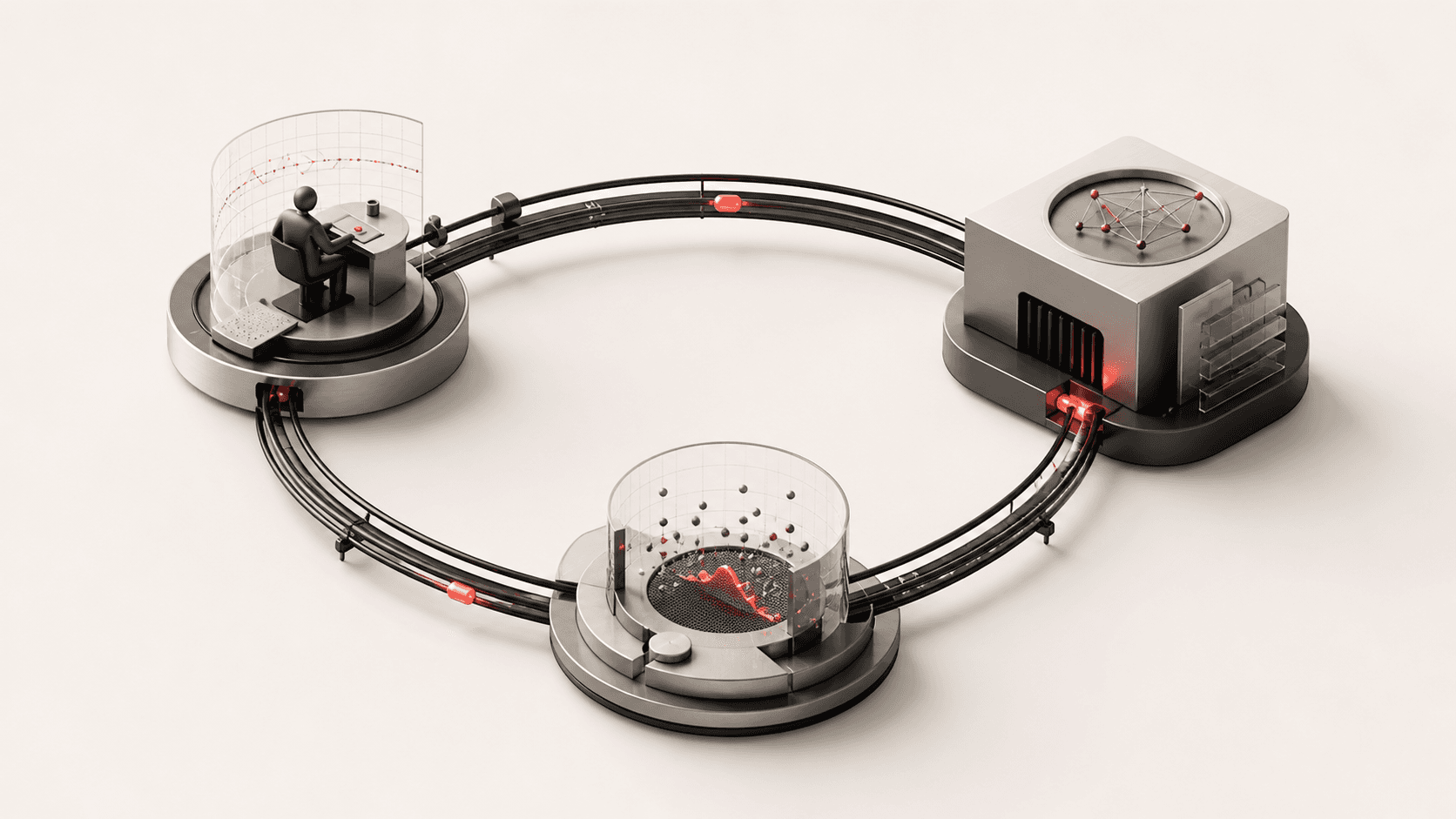 A circular operating loop connecting human judgment, AI execution, and operational feedback.